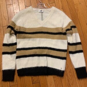 Source Unknown Striped V-Neck Sweater - White, Tan, Black